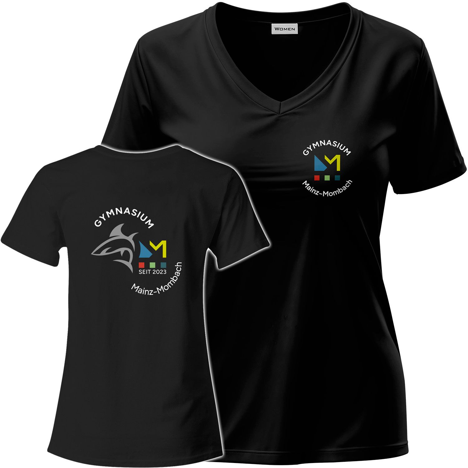 GymMo T-Shirt (Women) | Mehrfarbiges Logo, rund + Backprint mit Hai in Silber-Finish GymMo T-Shirt (Women) | Mehrfarbiges Logo, rund + Backprint mit Hai in Silber-Finish