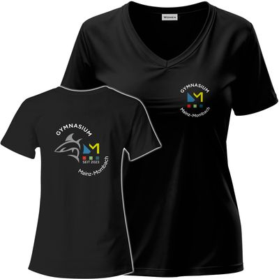 GymMo T-Shirt (Women) | Mehrfarbiges Logo, rund + Backprint mit Hai in Silber-Finish
