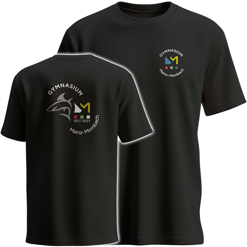 GymMo T-Shirt (Men) | Mehrfarbiges Logo, rund + Backprint mit Hai in Silber-Finish