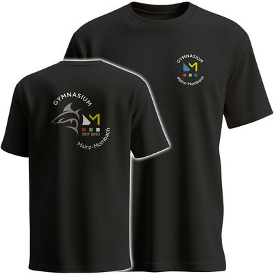 GymMo T-Shirt (Men) | Mehrfarbiges Logo, rund + Backprint mit Hai in Silber-Finish GymMo T-Shirt (Men) | Mehrfarbiges Logo, rund + Backprint mit Hai in Silber-Finish