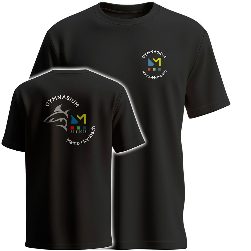 GymMo T-Shirt (Men) | Mehrfarbiges Logo, rund + Backprint mit Hai in Silber-Finish