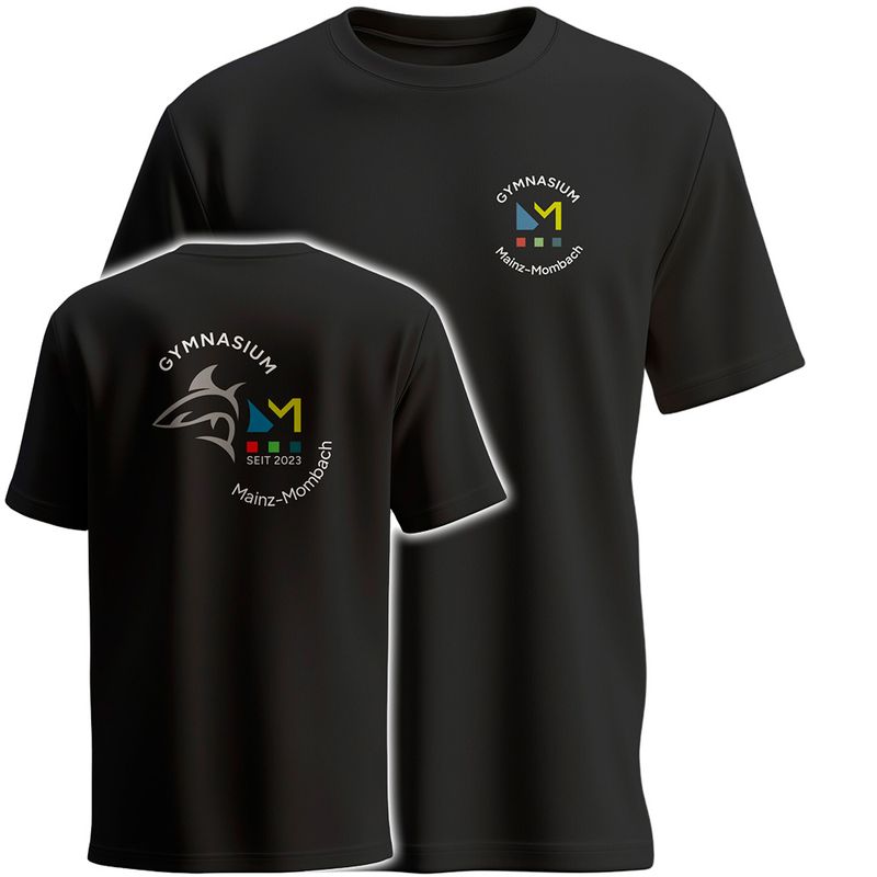 GymMo T-Shirt (Men) | Mehrfarbiges Logo, rund + Backprint mit Hai in Silber-Finish