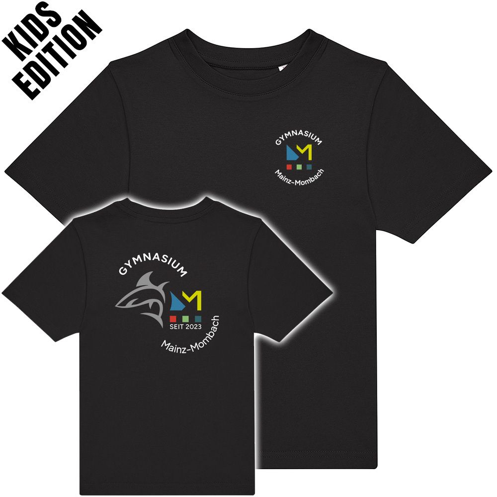 GymMo T-Shirt (Kids Edition) | Mehrfarbiges Logo, rund + Backprint mit Hai in Silber-Finish GymMo T-Shirt (Kids Edition) | Mehrfarbiges Logo, rund + Backprint mit Hai in Silber-Finish