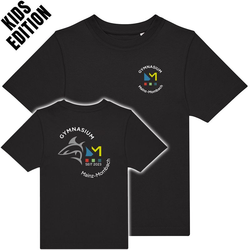 GymMo T-Shirt (Kids Edition) | Mehrfarbiges Logo, rund + Backprint mit Hai in Silber-Finish