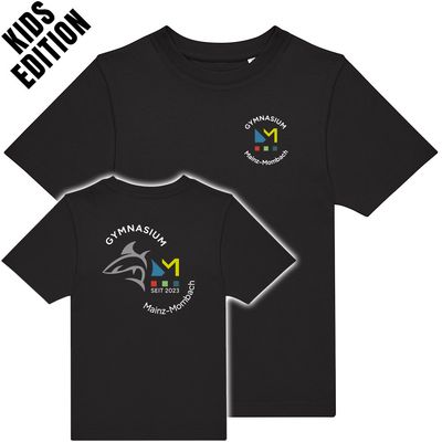 GymMo T-Shirt (Kids Edition) | Mehrfarbiges Logo, rund + Backprint mit Hai in Silber-Finish GymMo T-Shirt (Kids Edition) | Mehrfarbiges Logo, rund + Backprint mit Hai in Silber-Finish