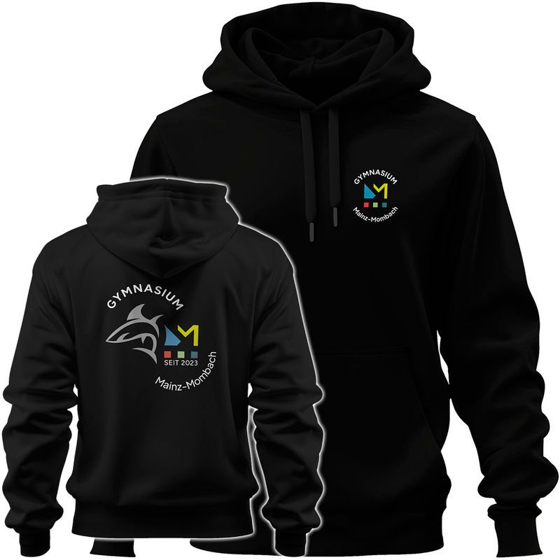 GymMo Premium-Hoodie (Unisex) | Mehrfarbiges Logo, rund + Backprint mit Hai in Silber-Finish