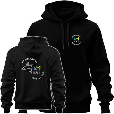 GymMo Premium-Hoodie (Unisex) | Mehrfarbiges Logo, rund + Backprint mit Hai in Silber-Finish GymMo Premium-Hoodie (Unisex) | Mehrfarbiges Logo, rund + Backprint mit Hai in Silber-Finish