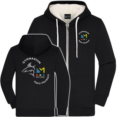 GymMo Sherpa-Zip-Hoodie (Unisex) | Mehrfarbiges Logo, rund + Backprint mit Hai in Silber-Finish GymMo Sherpa-Zip-Hoodie (Unisex) | Mehrfarbiges Logo, rund + Backprint mit Hai in Silber-Finish
