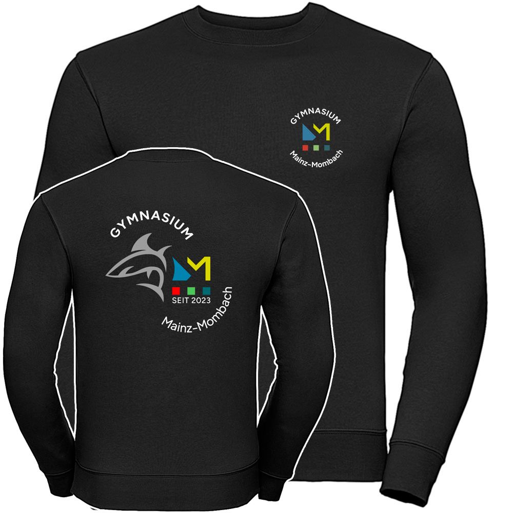 GymMo Authentic Sweatshirt (Unisex) | Mehrfarbiges Logo, rund + Backprint mit Hai in Silber-Finish