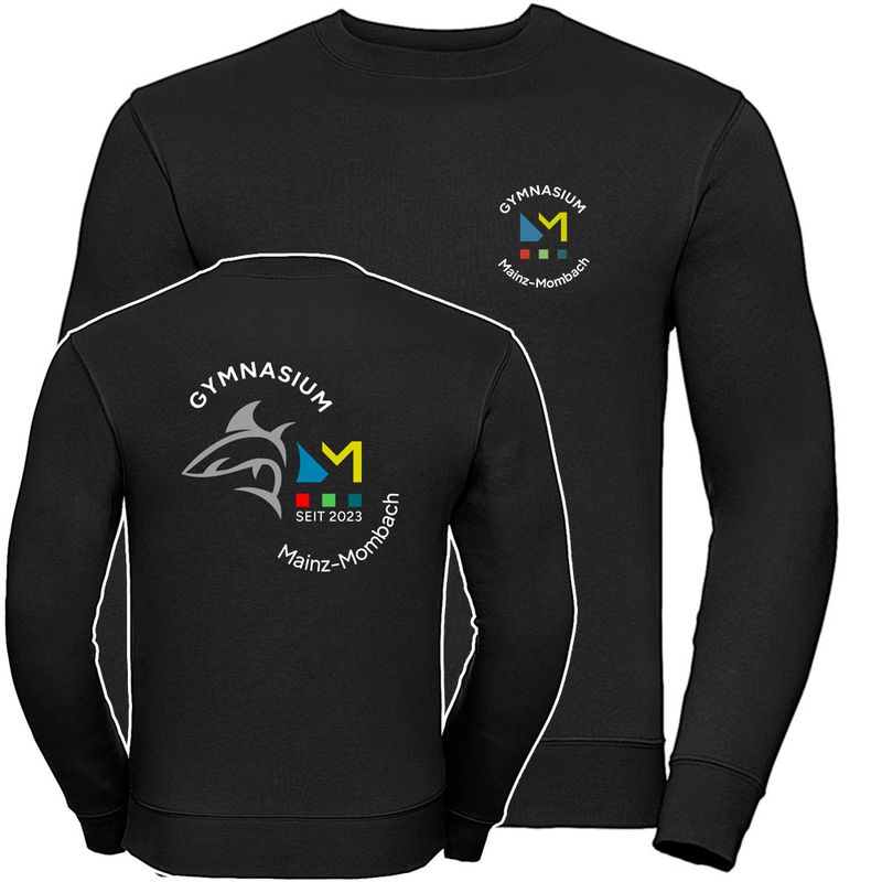 GymMo Authentic Sweatshirt (Unisex) | Mehrfarbiges Logo, rund + Backprint mit Hai in Silber-Finish
