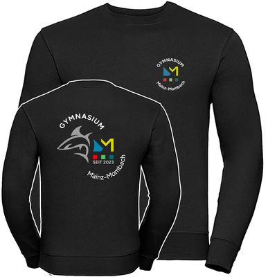 GymMo Authentic Sweatshirt (Unisex) | Mehrfarbiges Logo, rund + Backprint mit Hai in Silber-Finish