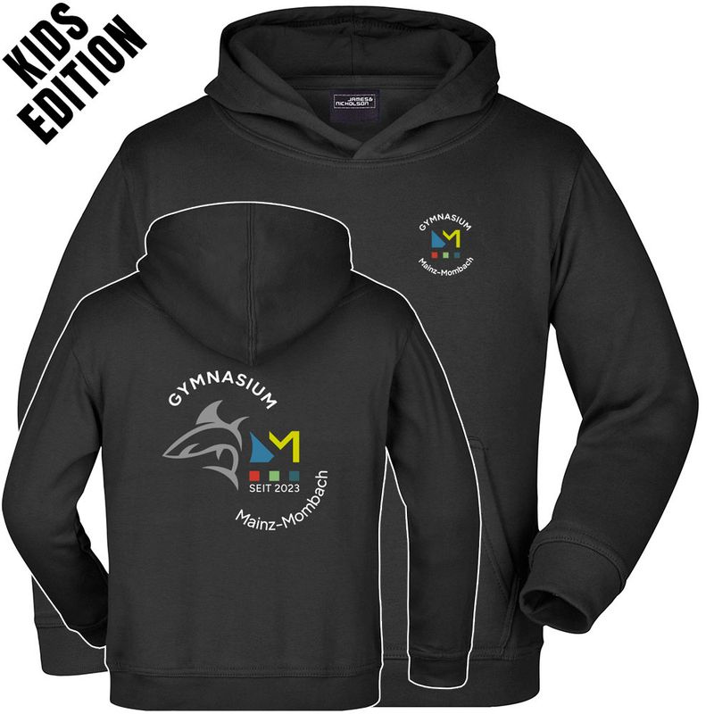 GymMo Hoodie (Kids Edition) | Mehrfarbiges Logo, rund + Backprint mit Hai in Silber-Finish