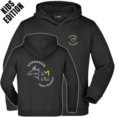 GymMo Hoodie (Kids Edition) | Mehrfarbiges Logo, rund + Backprint mit Hai in Silber-Finish