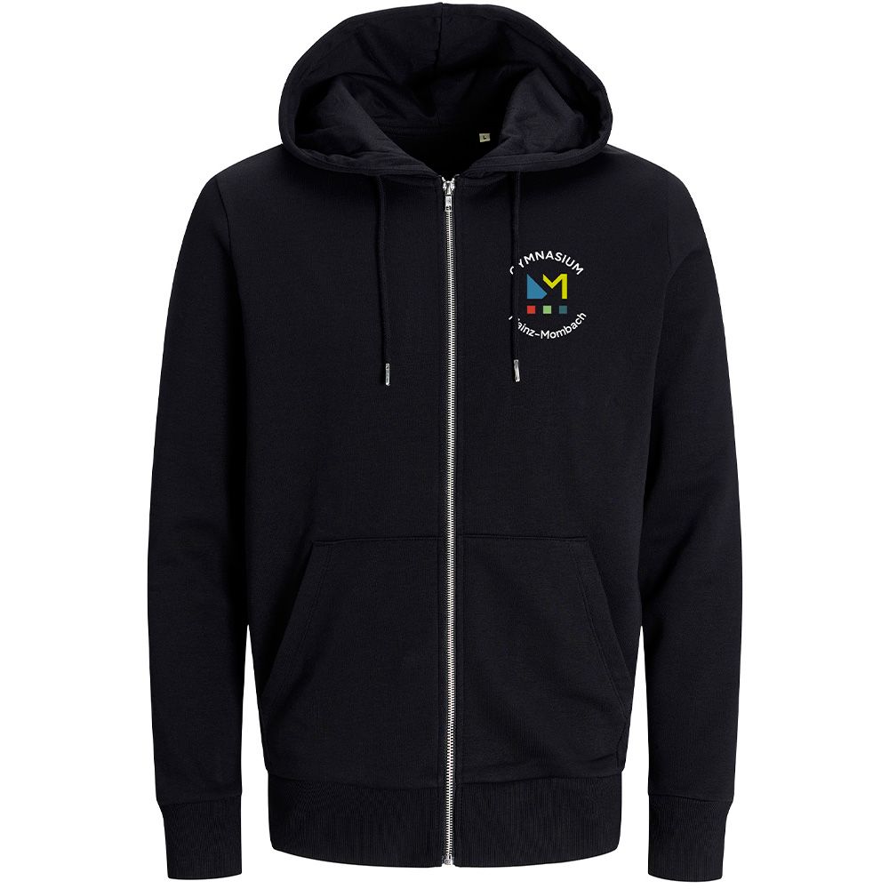 GymMo Zip-Jacket (Unisex) | Mehrfarbiges Logo, rund + Backprint mit Hai in Silber-Finish