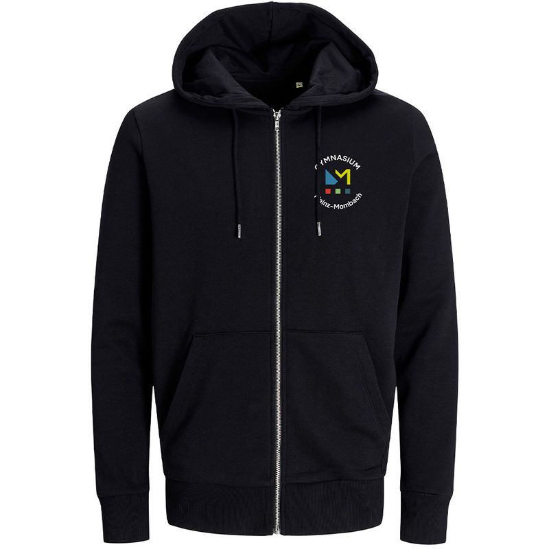 GymMo Zip-Jacket (Unisex) | Mehrfarbiges Logo, rund + Backprint mit Hai in Silber-Finish