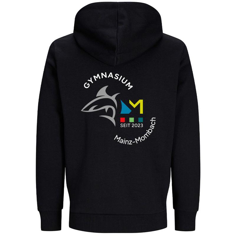 GymMo Zip-Jacket (Unisex) | Mehrfarbiges Logo, rund + Backprint mit Hai in Silber-Finish