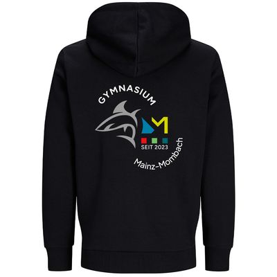 GymMo Zip-Jacket (Unisex) | Mehrfarbiges Logo, rund + Backprint mit Hai in Silber-Finish