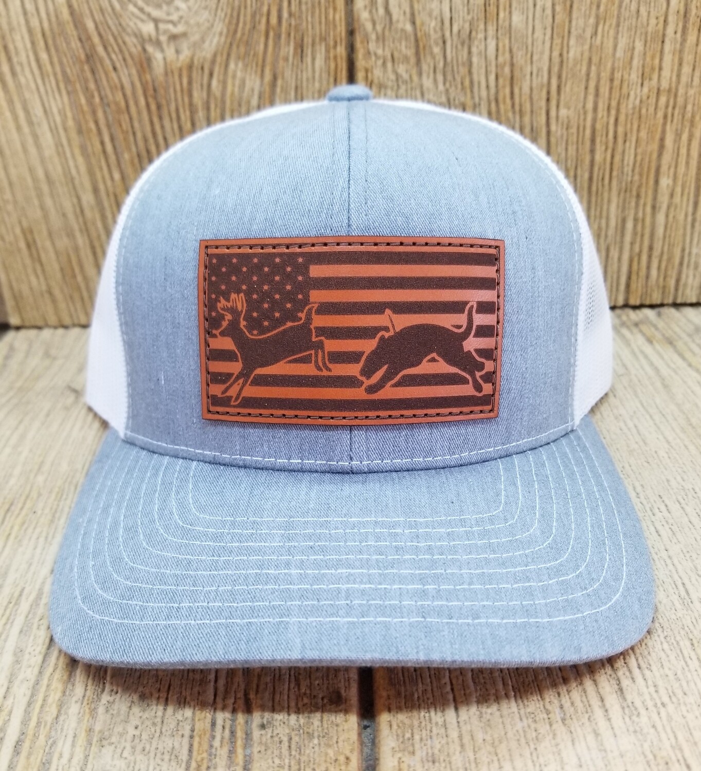 Dog Running Deer Flag Leather Patch Hat Silver/White