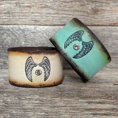 MADE TO ORDER - STAMPED WINGS AND SWAROVSKI LEATHER BRACELET