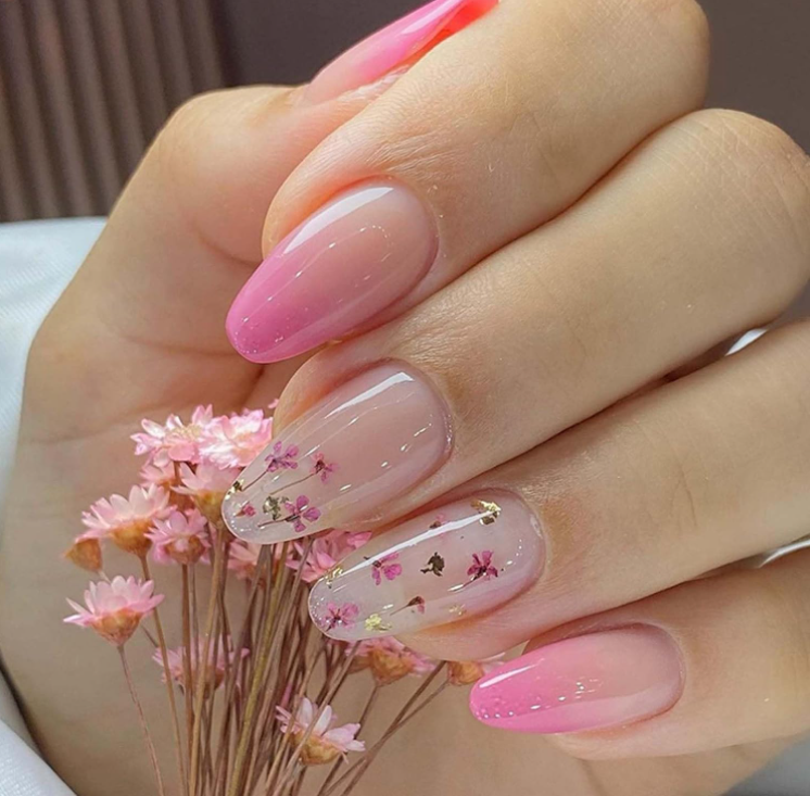 24 PC Pink Gradient Floral Acrylic Nails