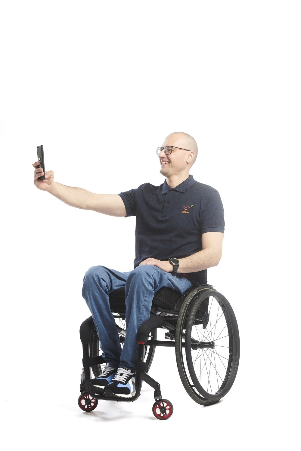 Wheelchair trousers with button and deep zip - blue jeans