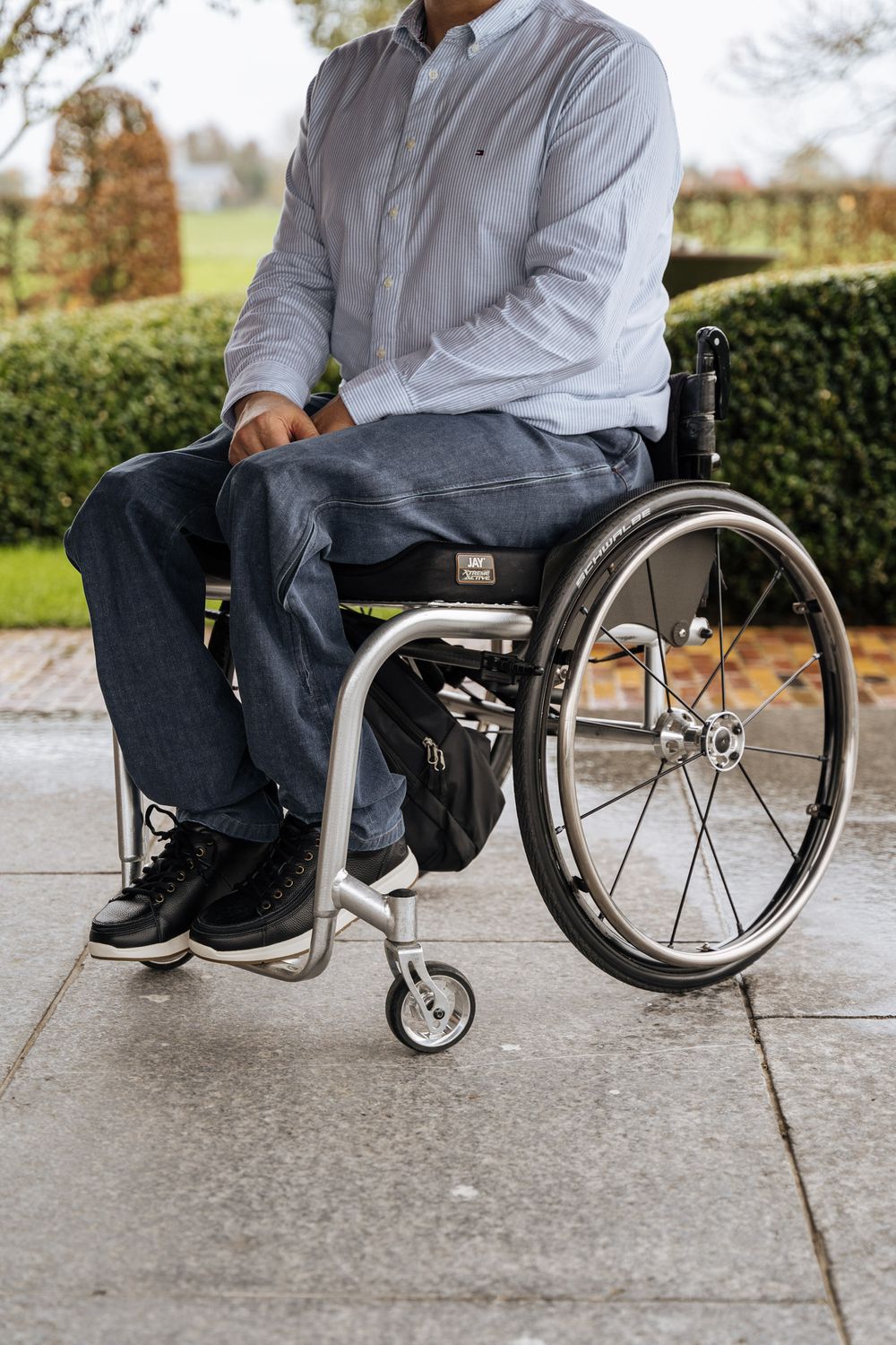 Wheelchair trousers with side zips to over the knees   - blue jeans