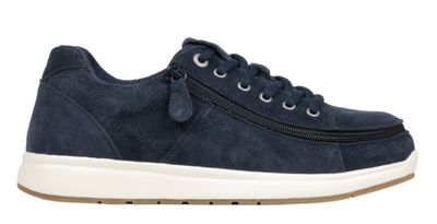 Suede shoes with a front zip and protective flap - navy medium fit