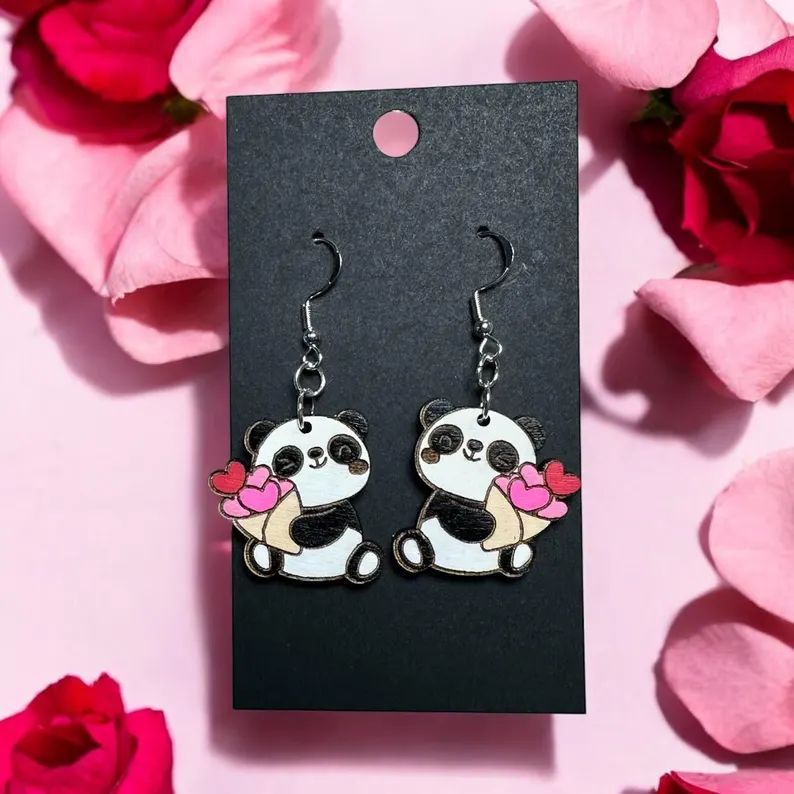 Valentine's Panda Heart Bouquet Wooden Earrings