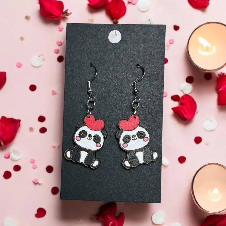 Be My Valentine Panda Wooden Earrings