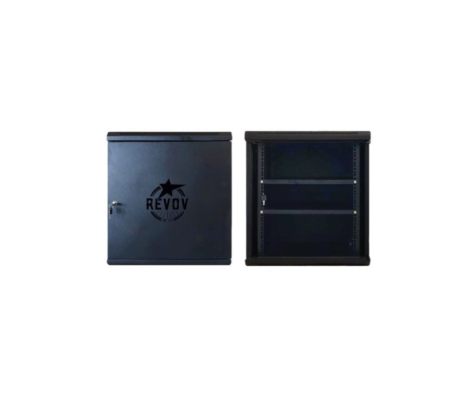 Revov Cabinet 12U Indoor Cabinet 600x600x650 with 2x450 flat mount shelf, Revov cut out door