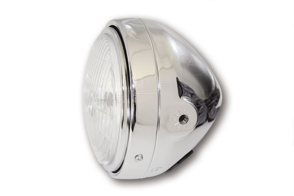 Faro principale SHIN YO da 5-3/4 pollici, vetro scanalato con luce di posizione, alloggiamento in cromato, H4, 12V 60/55 W, montaggio laterale, omologato E.