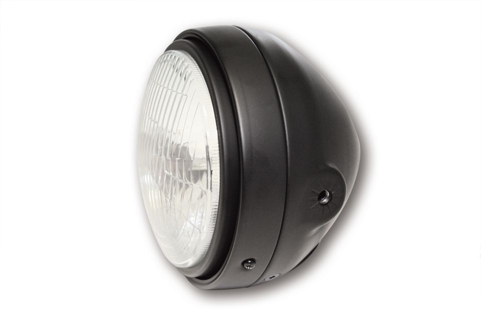 Faro principale SHIN YO da 5-3/4 pollici, vetro scanalato con luce di posizione, alloggiamento in metallo nero opaco, H4, 12V 60/55 W, montaggio laterale, omologato E.