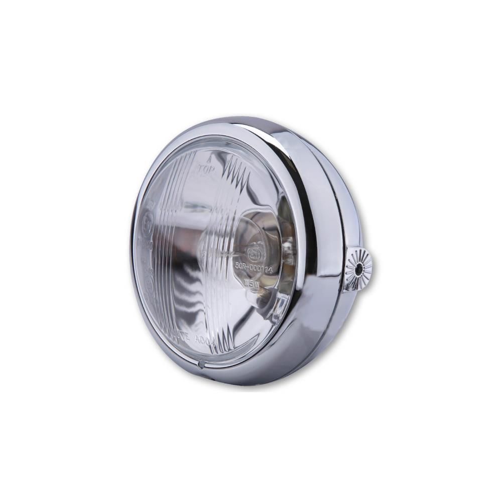 Faro anteriore cromato SHIN YO da 4 1/2 pollici con lampadina Bilux 12V 35/35W, omologato E, montaggio laterale (1 pz.)