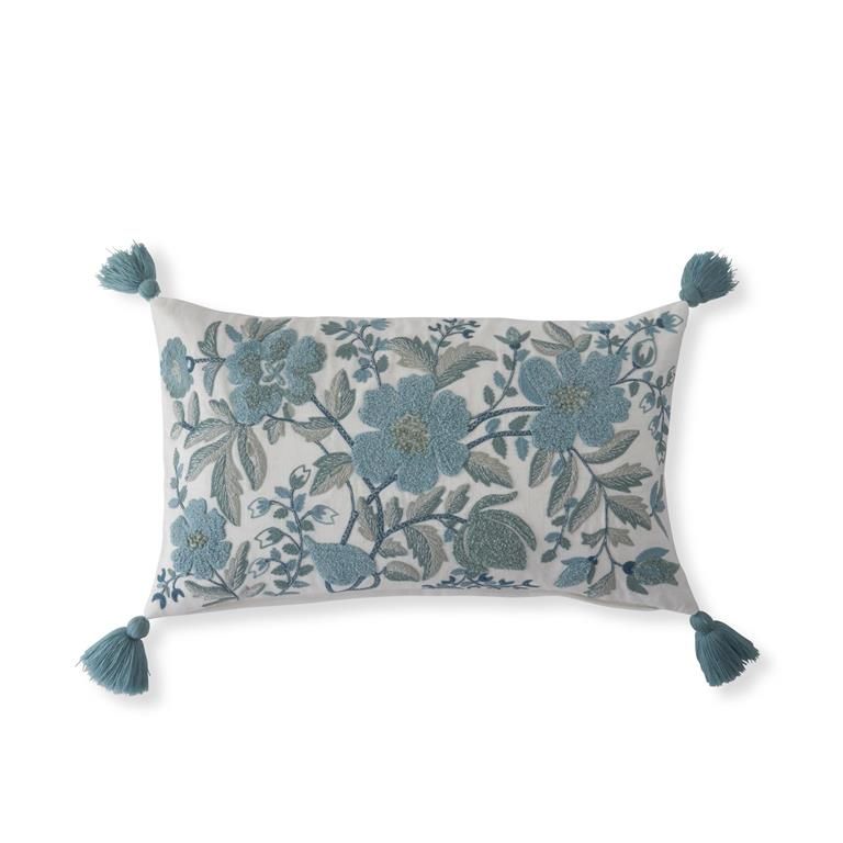 14 Inch Lumbar White Linen &amp; Blue Embroidered Floral Pillow w/Tassels