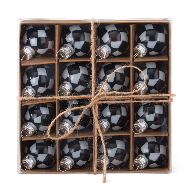 Box Of 16 One Inch Black And White Check Ornaments