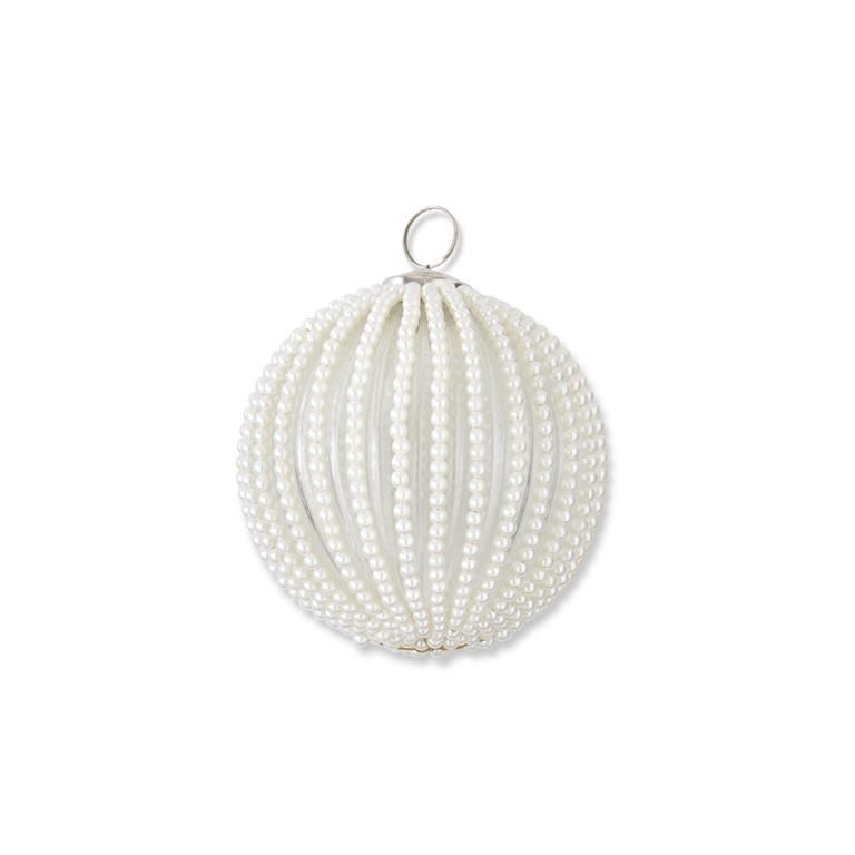 4 Inch Clear Glass Ornament With White Beaded Stripes