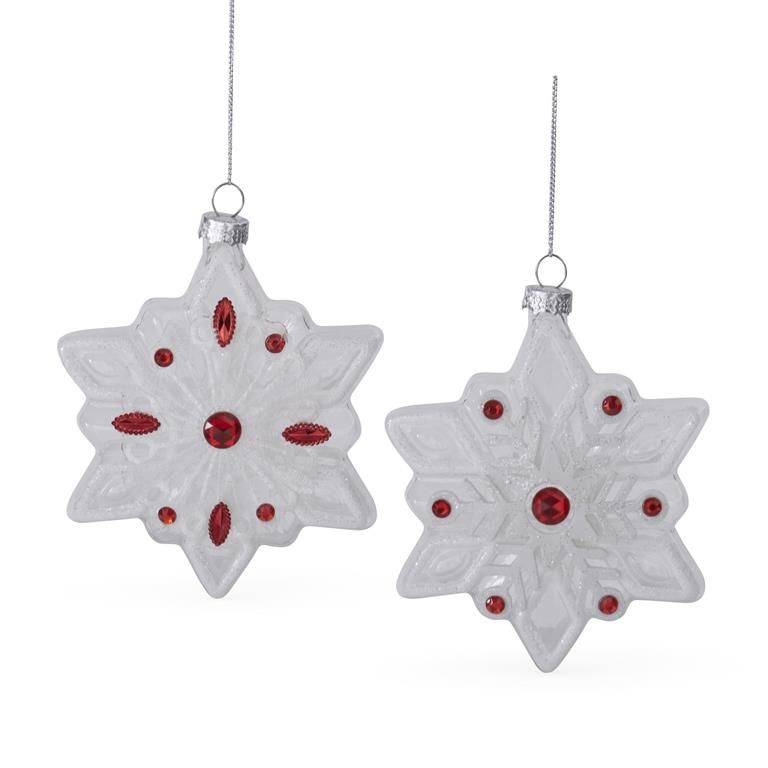 Clear With White Glitter And Red Jewels Glass Snowflake