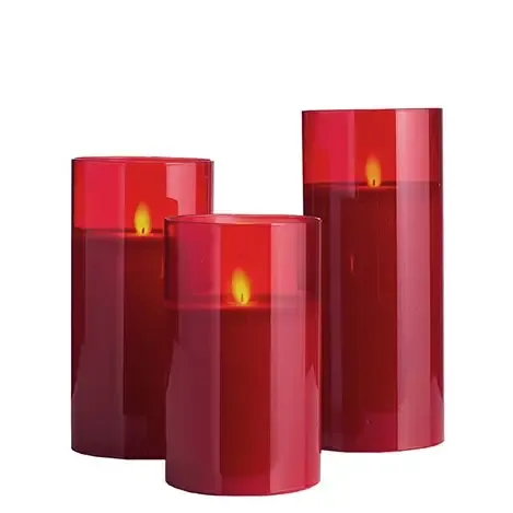 Set Of 3 Red LED Glass Cylinder Candles