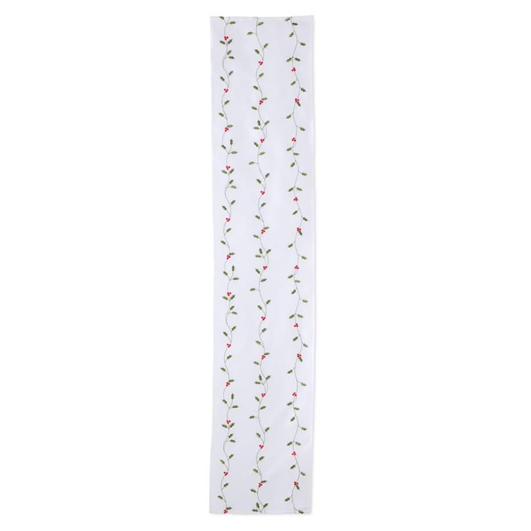72 Inch White Table Runner With Holly And Berries