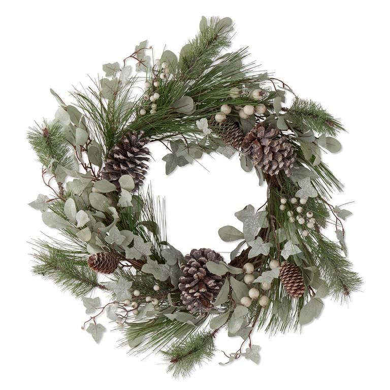24.5 Inch Pine And Glittered Leaves With Pinecone Wreath