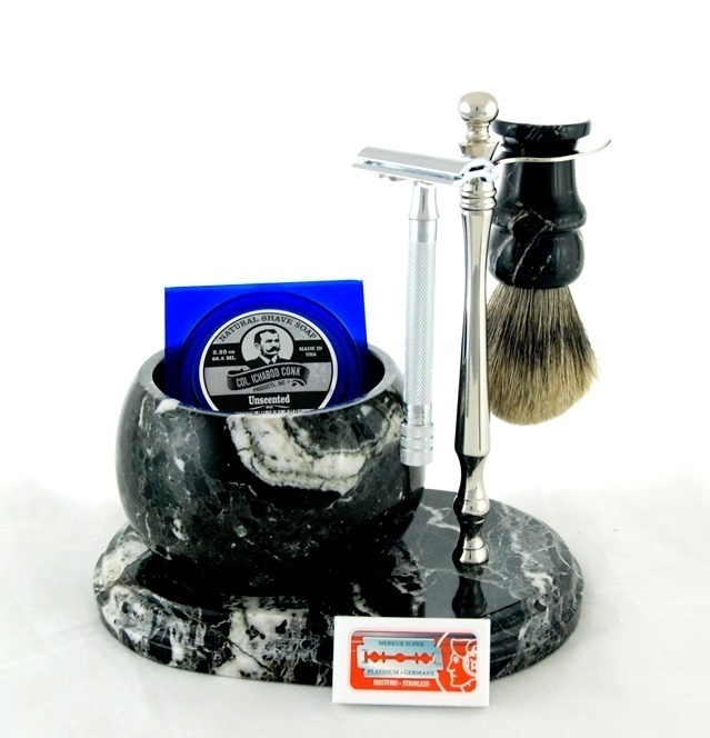 6PC. HAND CRAFTED MARBLE SHAVE SET in Black (Zebra) #251C-DE