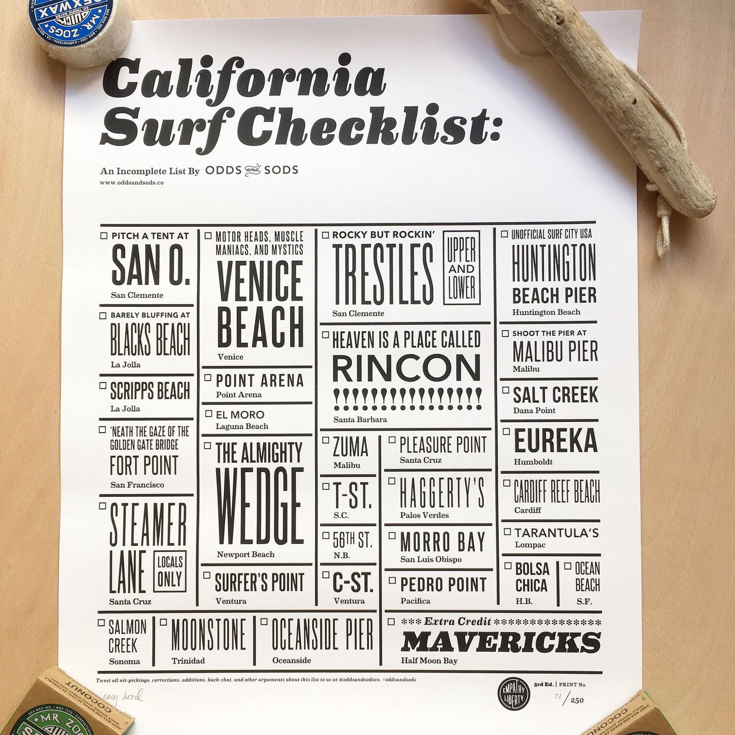 ALMOND PRINT CALIFORNIA SURF CHECK LIST