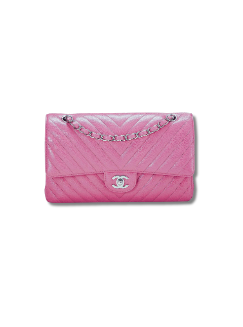 Pre-Loved CHANEL Pink Chevron Caviar Classic Double Flap Medium