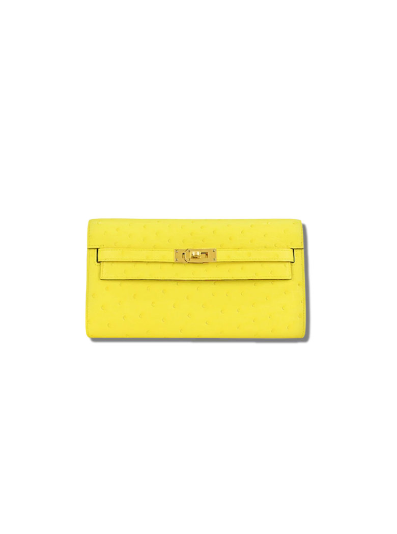Pre-Loved Hermès Kelly To Go Ostrich Leather Long Wallet Shoulder Bag-Lime Gold Hardware