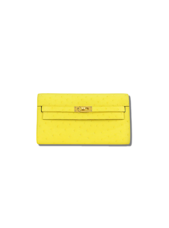 Pre-Loved Hermès Kelly To Go Ostrich Leather Long Wallet Shoulder Bag-Lime Gold Hardware