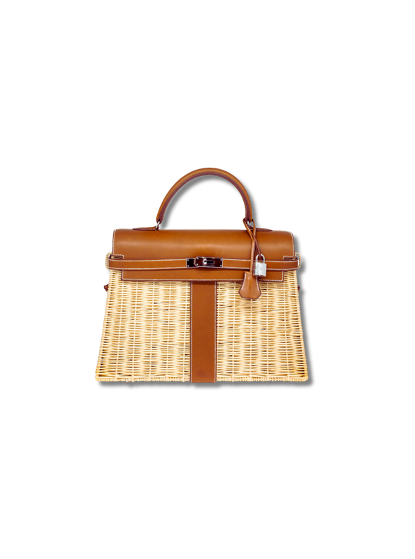Pre-Loved Hermès Picnic 35 handbag in Osier Wicker and Fauve Barenia Leather with Palladium hardware