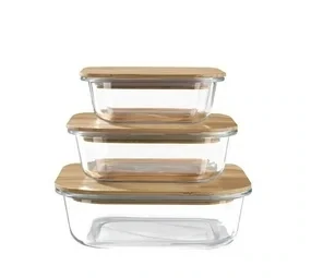 Rectangular Glass Food Storage Container Set with Sealed Bamboo Lids