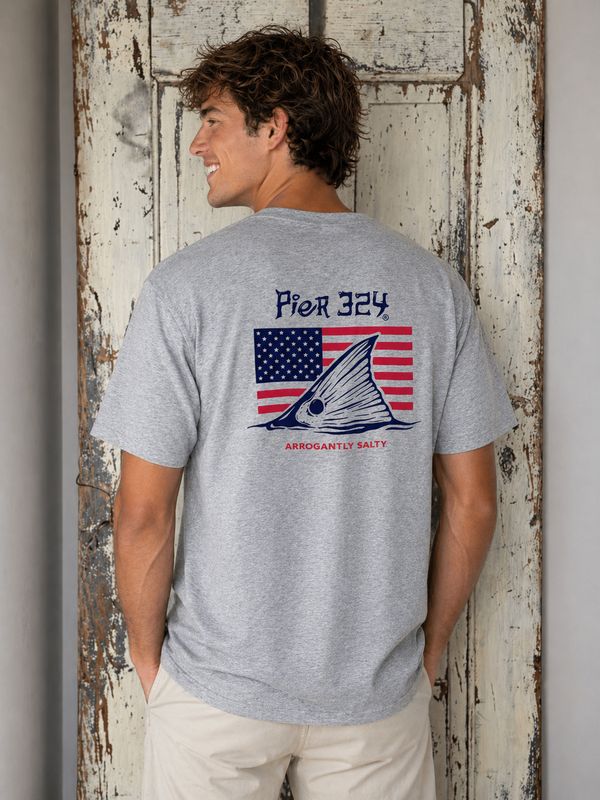 Fish Tail over American Flag - Athletic Gray