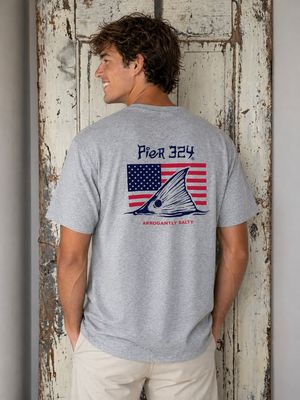 Fish Tail over American Flag - Athletic Gray