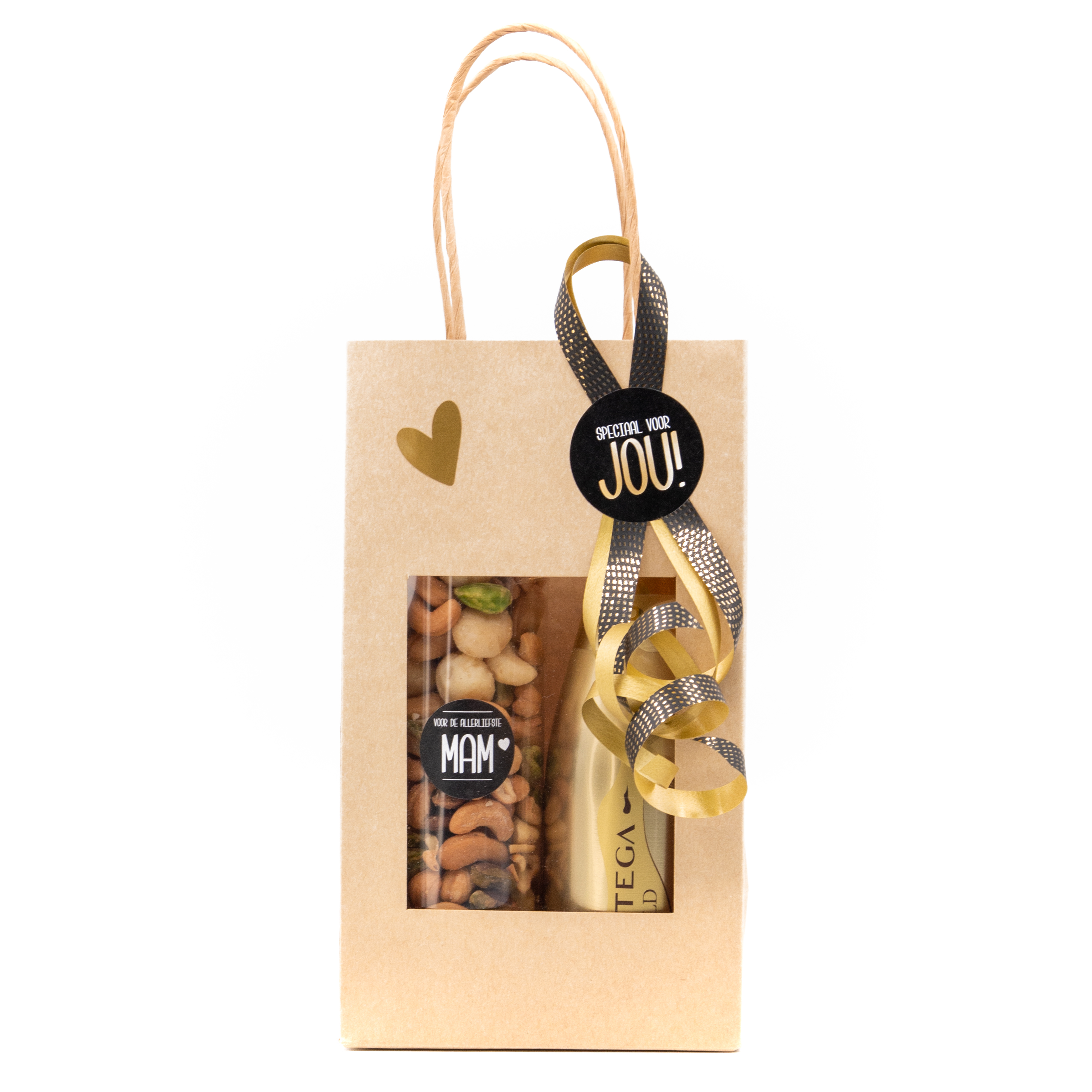 Cadeautasje klein met noten en Prosecco Cadeautasje klein met noten en Prosecco